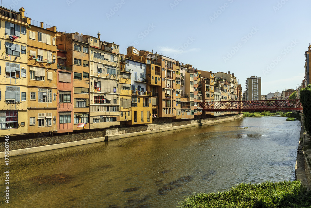 coloring houses in the bank of the river of the city of Gerona, Spain.