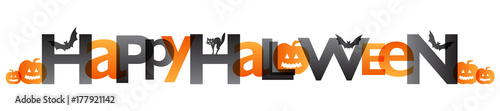 HALLOWEEN Vector Banner with Bats, Black Cat, and Pumpkins