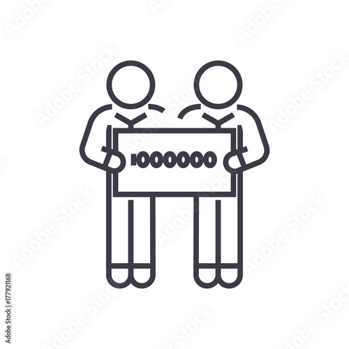 people holding large check of one million dollar line icon, sign, symbol, vector on isolated background