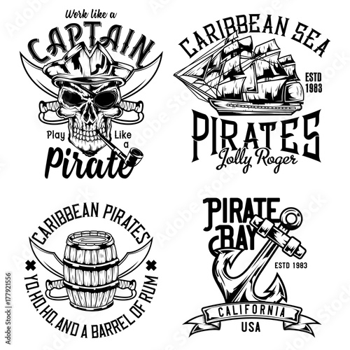 Set of vintage pirate emblems, labels, badges, logos. Isolated on white photo