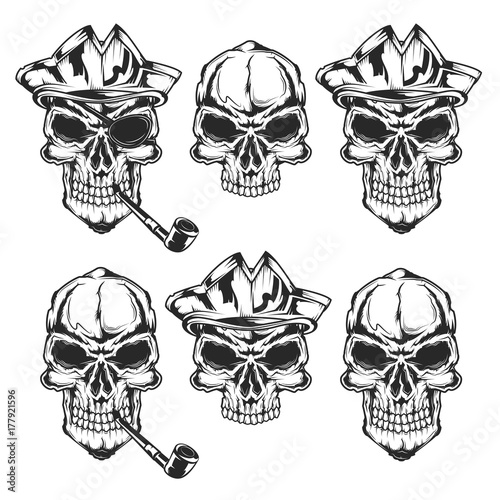 Set of pirate skulls for creating your own badges, logos, labels, posters etc. Isolated on white