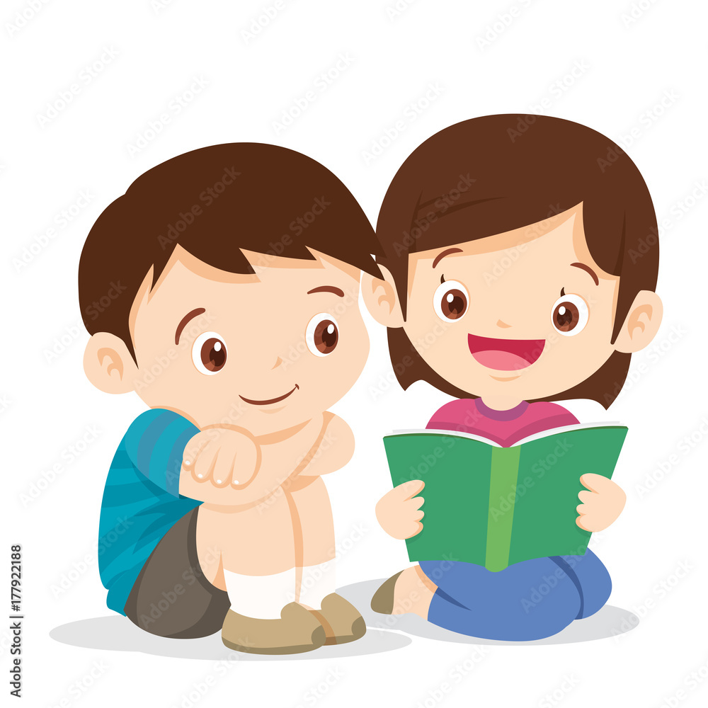 cute girl reading book with boy cute girl reading book with boy