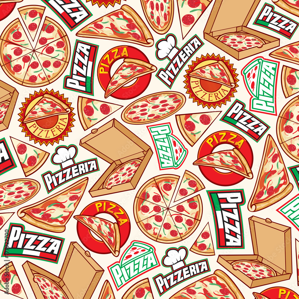background pattern with pizza design (label, card box, slice) Stock