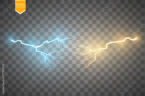 Collision of two forces with gold and blue light. Vector illustration. Hot and cold sparkling power. Energy lightning with electric discharge isolated on transparent background