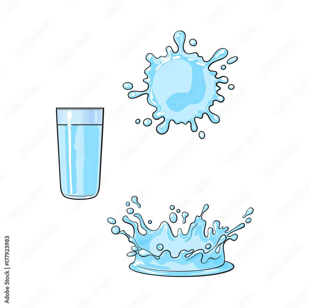 Vector cartoon glass cup and splash drop of fresh cold water set
