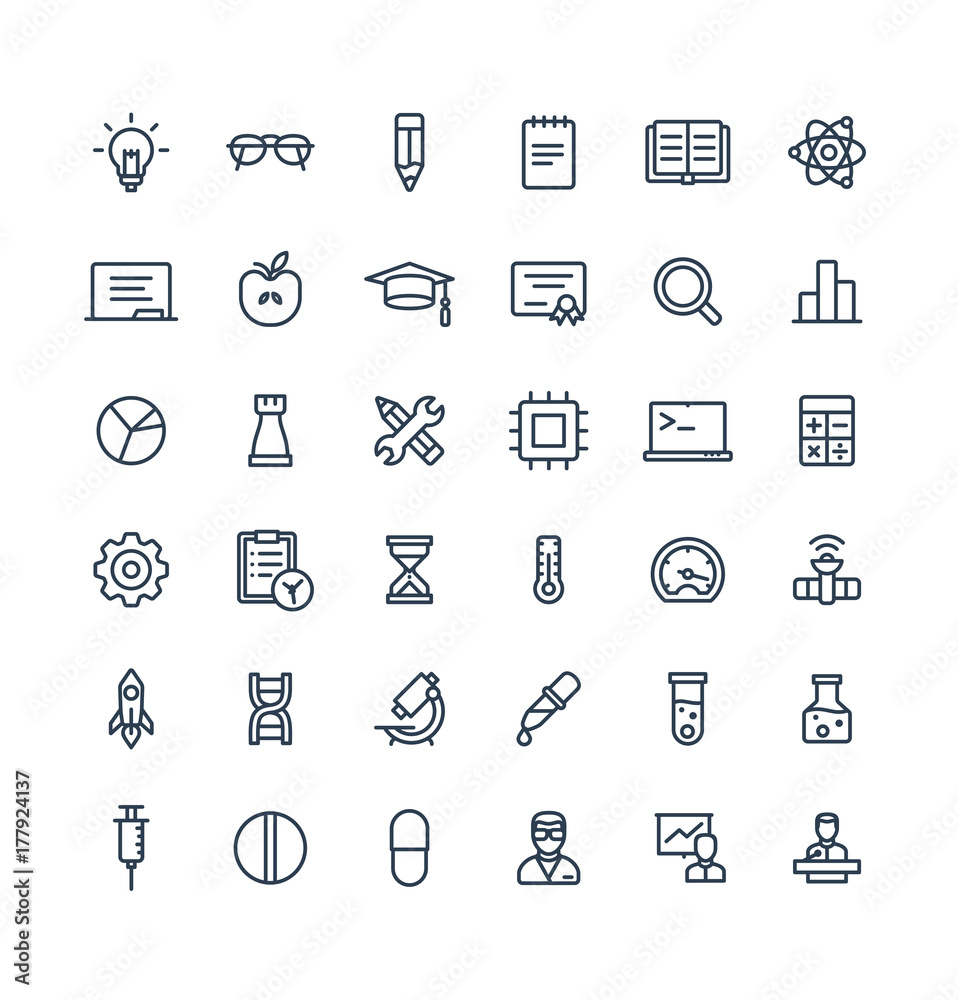 Vector thin line icons set and graphic design elements. Illustration with science and laboratory research outline symbols. Idea bulb, dna code, medical development, conference, atom linear pictogram