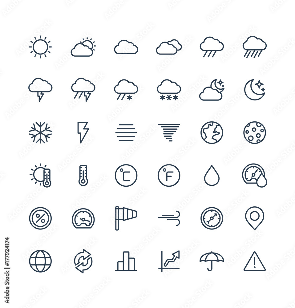 Vector thin line icons set and graphic design elements. Illustration with weather and meteo outline symbols. Sun, cloud, rain, snow, moon, thermometer, humidity, umbrella flat linear pictogram