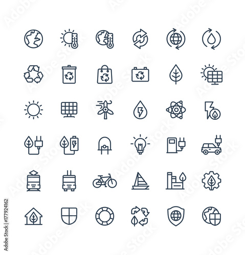 Vector thin line icons set and graphic design elements. Illustration with environmental and ecology outline symbols. Eco, bio energy, wind power, recycle, electric car charge station linear pictogram