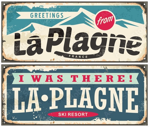 La Plagne France retro souvenir signs set from one of the most popular ski resorts and winter holiday destinations