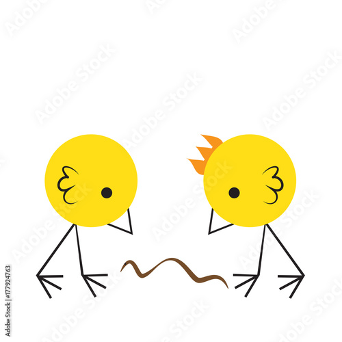 Two angry chicks fighting for a worm, vector illustration