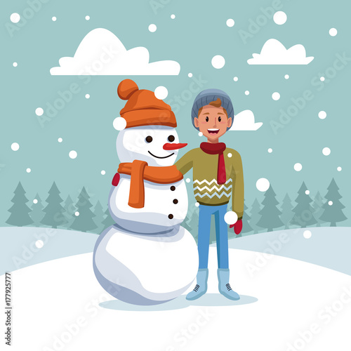Boy with snowman cartoon icon vector illustration graphic design