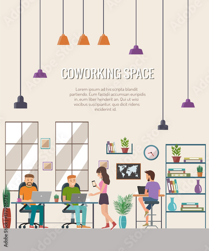 Vector illustration of coworking space. Working place, office. People working in the creative office. Flat design.