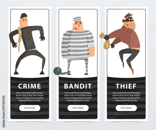 Crime, bandit, thief, criminal and convict banners cartoon vector elements for website or mobile app
