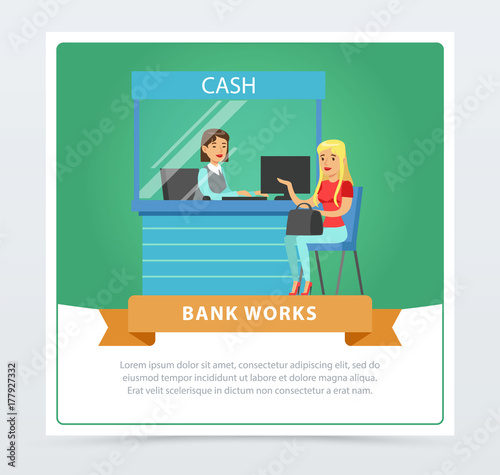 Female client at the cash desk at bank office, bank works banner for advertising brochure, promotional leaflet poster, presentation flat vector element for website or mobile app