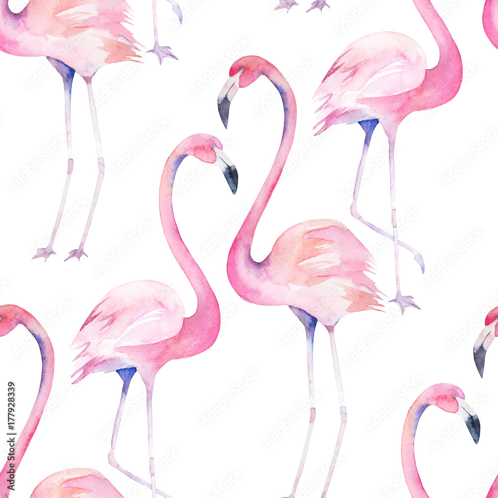 Fototapeta premium Watercolor seamless pattern with exotic flamingo. Summer decoration print for wrapping, wallpaper, fabric. Hand drawn illustration