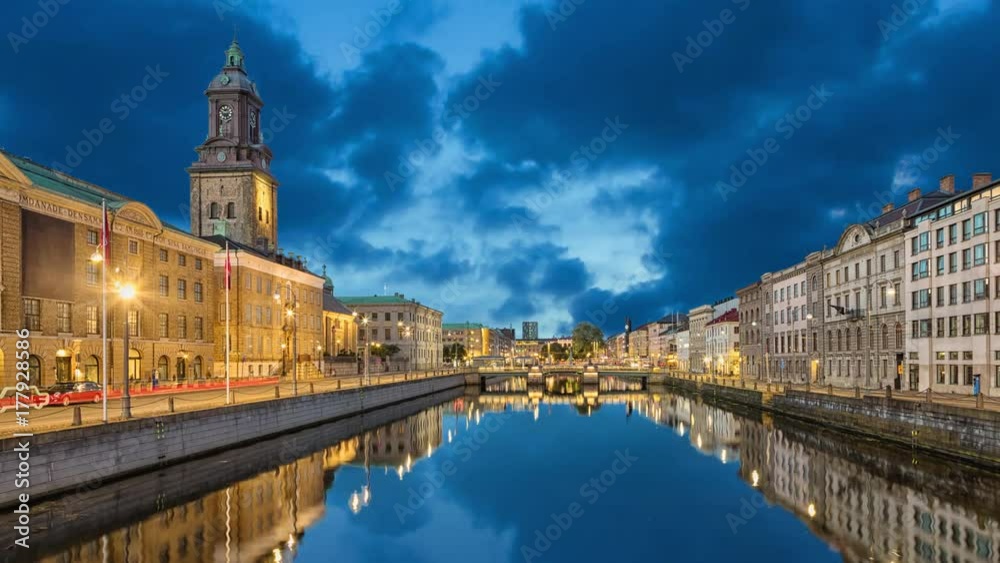 Cityscape with Big Harbor Canal and Christinae Church at dusk in Gothenburg, Sweden (static image with animated sky and water)
