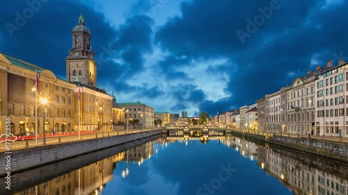 Cityscape with Big Harbor Canal and Christinae Church at dusk in Gothenburg, Sweden (static image with animated sky and water)
