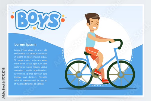 Boy cycling on bicycle, boys banner for advertising brochure, promotional leaflet poster, presentation flat vector element for website or mobile app