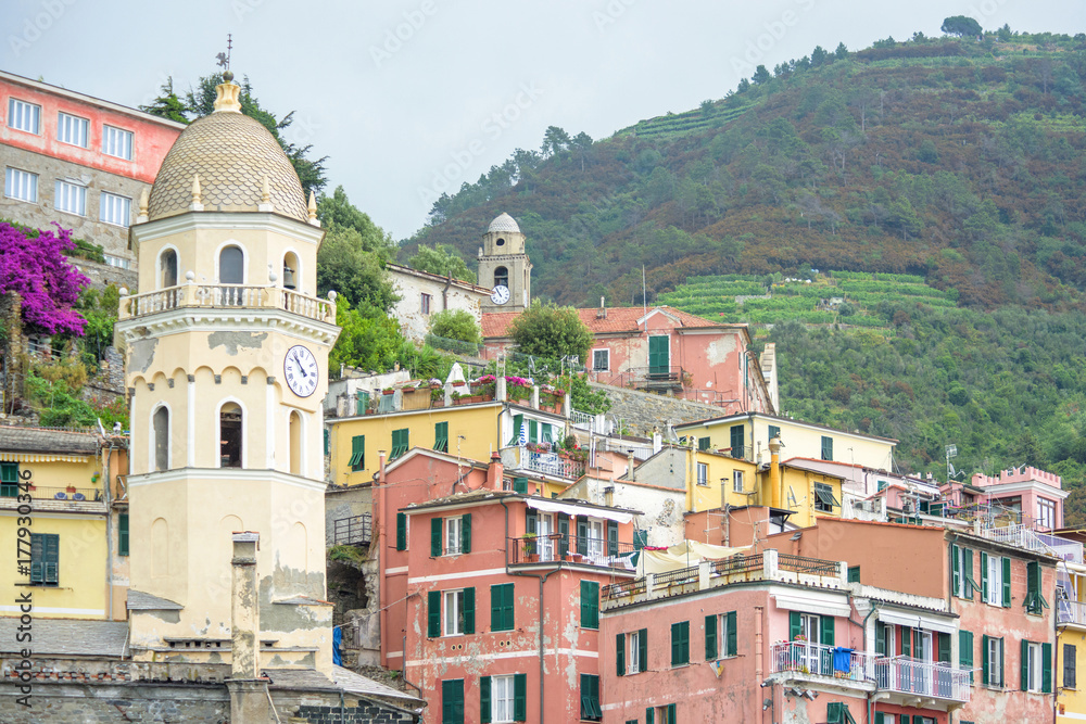 The belltower of the church of Santa Margherita. Vernazza, Cinque Terre, Italy
