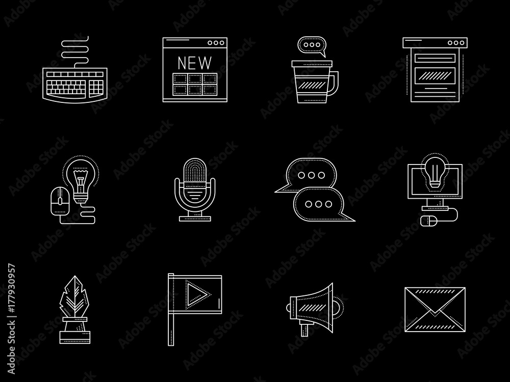 Blog development flat line vector icons set
