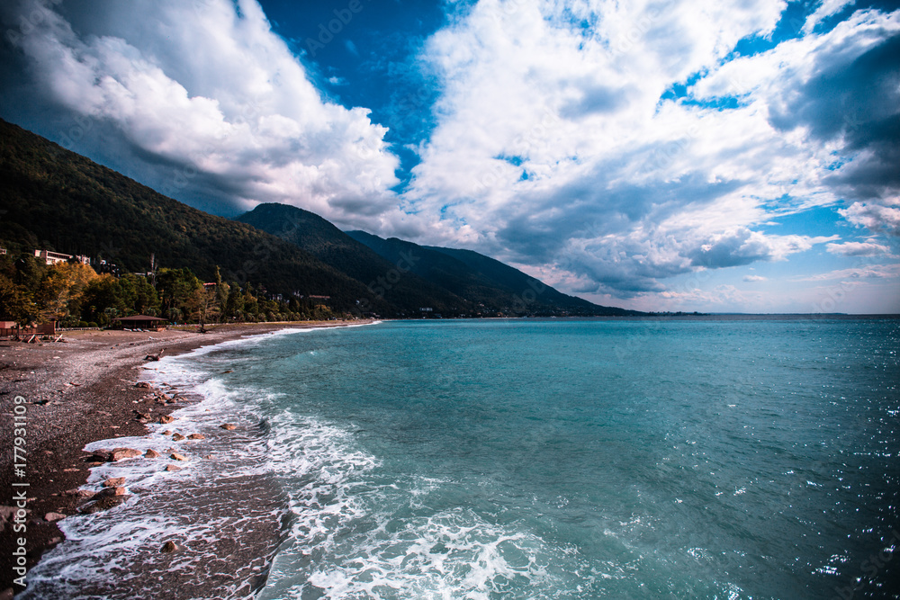 beautiful sea shore on the background of mountains beautiful sea shore on the background of mountains