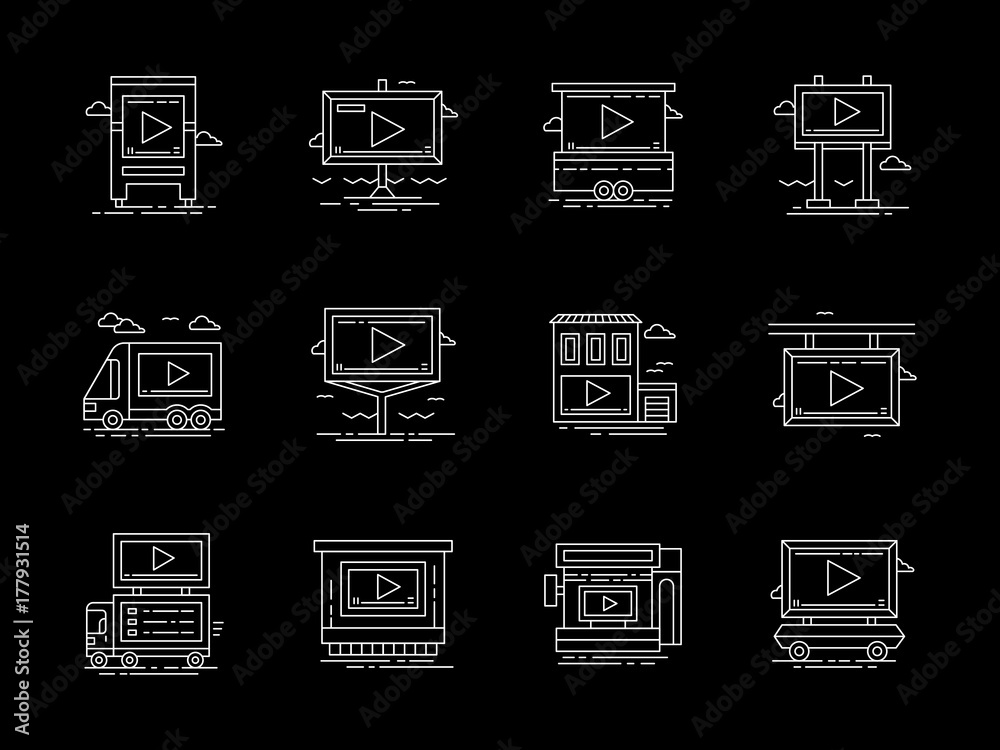 Placements for video ads flat line vector icons Placements for video ads flat line vector icons
