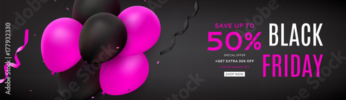 Web Banner for Black Friday Sale. Dark background with pink and black balloons for seasonal discount offer. Promo Vector illustration with confetti and serpentine.