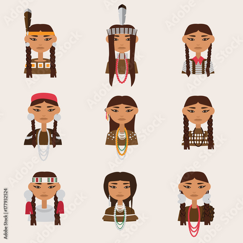 Set with american indian women portraits. Various clothing style - apache, navajo, cheerokee, iroquois. Young girls characters in traditional clothes