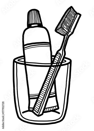 toothbrush and toothpaste / cartoon vector and illustration, black and white, hand drawn, sketch style, isolated on white background.
