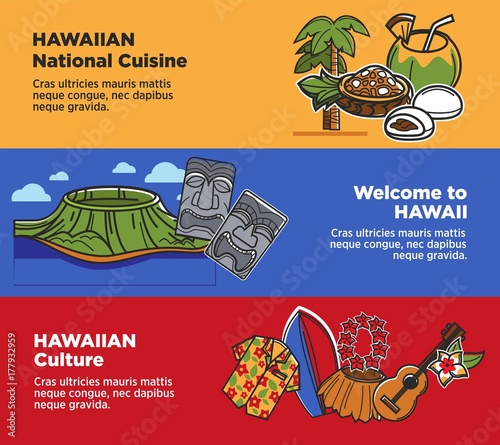 Hawaii travel landmarks and famous cukture sightseeings or tourism attractions vector banners