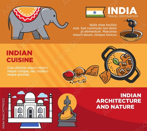 India tourism travel famous landmark symbols Indian culture tourist attractions vector banners