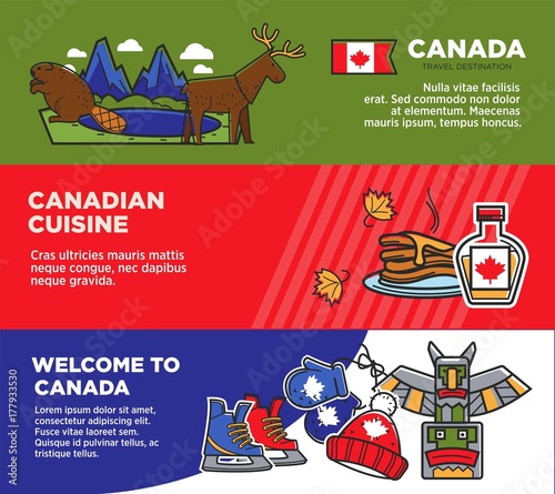 Canada tourism travel attraction landmarks and culture famous cuisine symbols vector banners