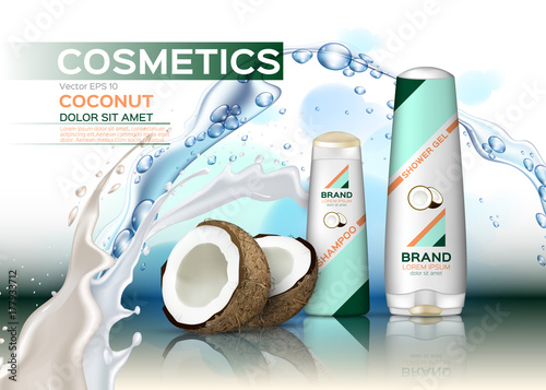 Vector Cosmetics set package with coconut milk. Hydration shampoo and conditioner with coconut water. Perfect for advertising, flyer, banner, poster. 3d illustrations