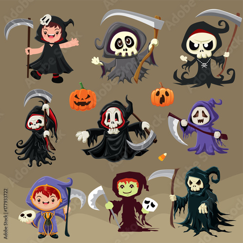 Vintage Halloween poster design with vector reaper characters. 