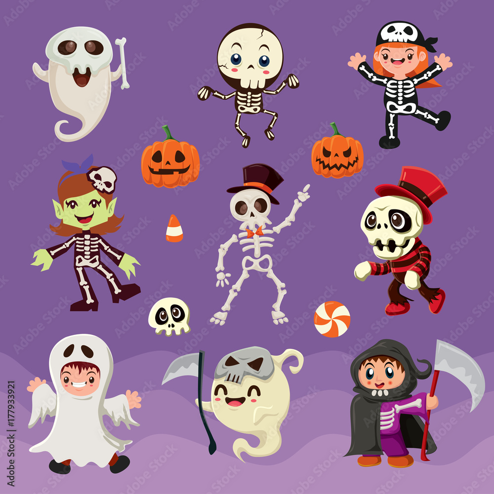 Obraz premium Vintage Halloween poster design with vector skeleton characters. 