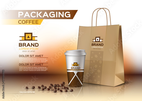 Coffee cup packaging mock up Vector realistic. Coffee beans bag product. Label logo designs