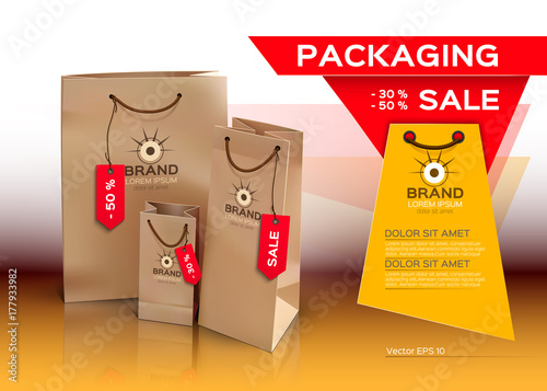 Shopping bags Sales packaging mock up Vector realistic design. Place for texts