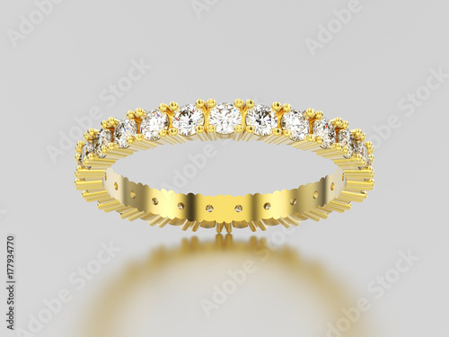 3D illustration yellow gold eternity band diamond ring with reflection and shadow