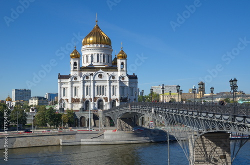 Moscow, Russia - September 22, 2017: The Cathedral of Christ the Savior and Patriarchal bridge