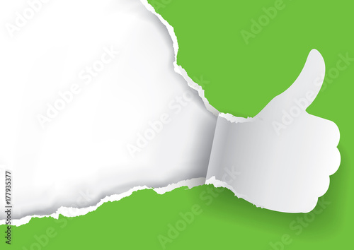 Thumb up for green.
Green Paper background with torn thumbs up.Place for your text or image. Usefull as template. Vector available