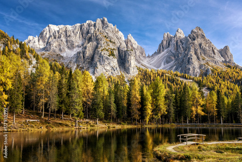 Autumn view at Lago Antorno, Dolomites, Lake mountain landscape with Alps peak, Misurina, Cortina d'Ampezzo, Italy