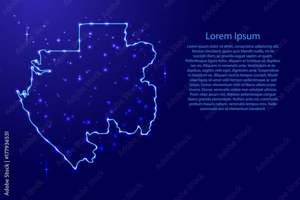 Map Gabon from the contours network blue, luminous space stars for banner, poster, greeting card, of vector illustration