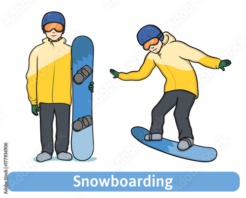 A young man with snowboard, standing and in motion. Snowboarding, extreme winter sport, active recreation. Vector Illustration, isolated on white background.
