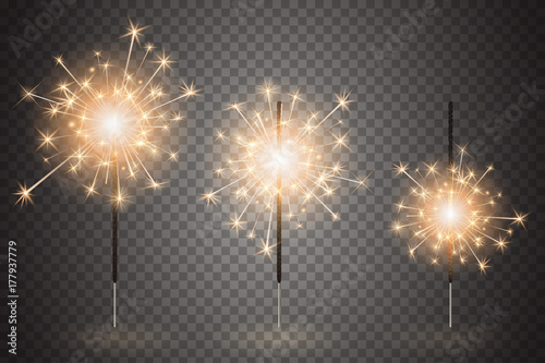 Christmas bengal light set. Realistic sparkler lights isolated on transparent background. Festive bright fireworks. Element of decorations for celebrations and holidays. Vector illustration photo