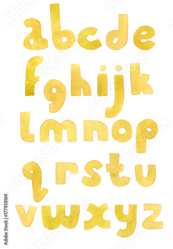 Large grainy watercolor bright lowercase letters. Bold alphabet sequence from A to Z. Bright yellow font