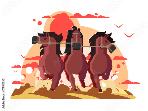 Three horses in harness running