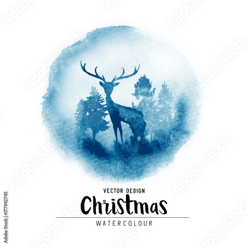 Obraz na płótnie Zima Bożenarodzeniowa akwareli scena z choinkami i jeleniem. Wektor ilustracja ozdoba xmas.