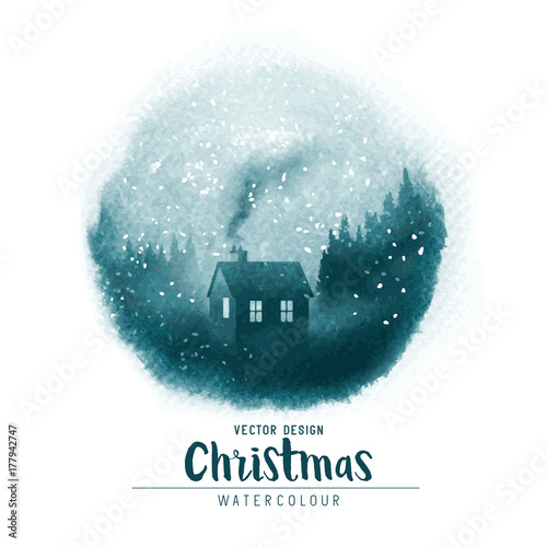 A Winter christmas watercolor scenic with a house in a forest with falling snow. Vector illustration