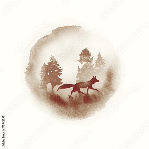 A walking fox in a Autumn watercolor scene. Vector illustration.