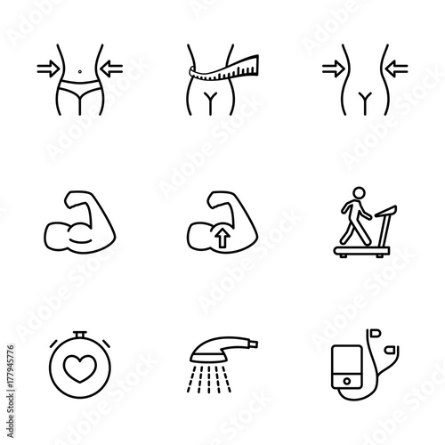 thin line slim body fitness icons on white